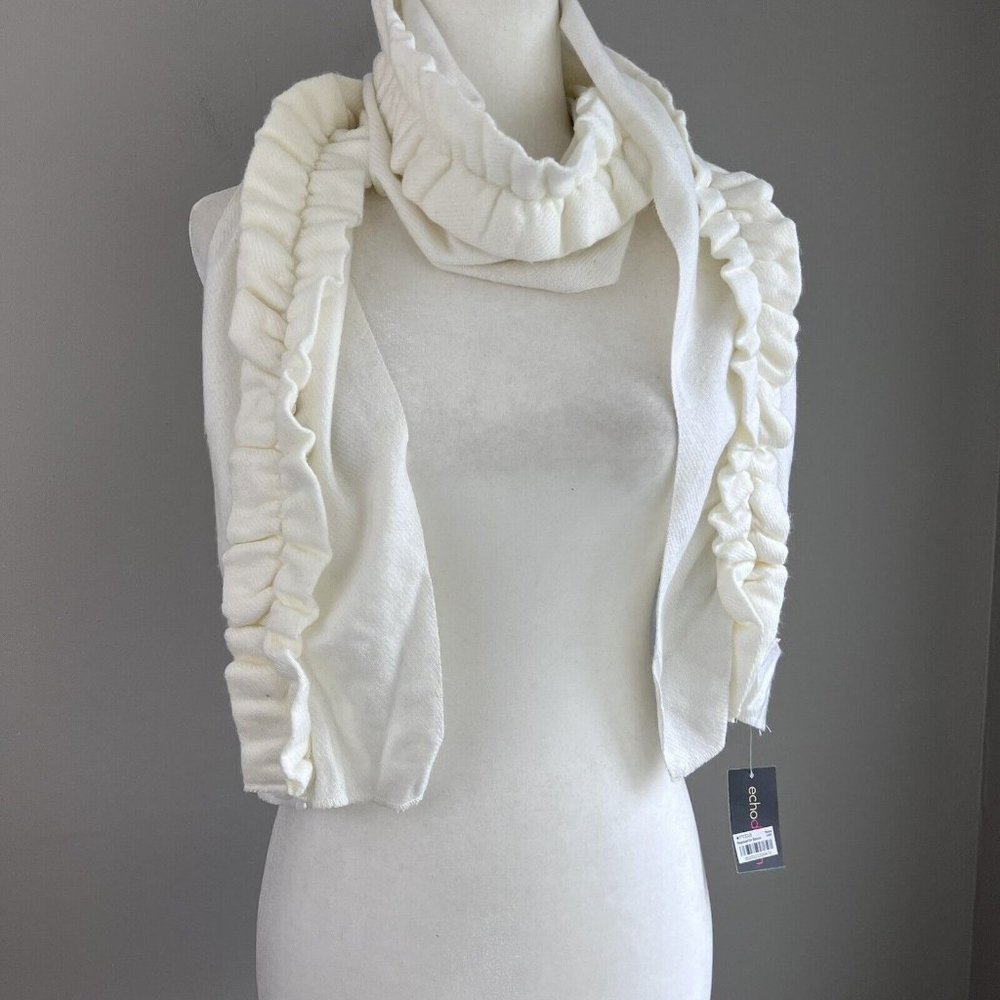 Echo Designer Ruffled Ivory Knit Scarf 66” NWT New